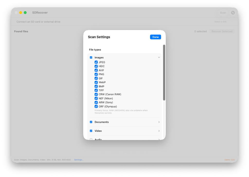 Scan-Einstellungen in SDRecover mit Dateitypen-Filter